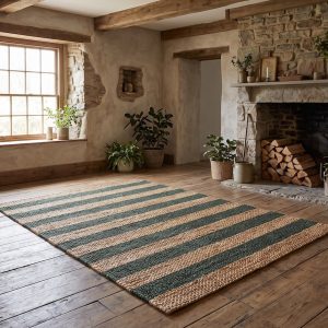 Bondi Jute Stripe Natural Bottle Green Sisal & Jute Rugs UK Mainland Free Shipping